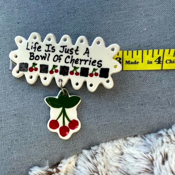 Vintage Artisan Clay Cherry Brooch with Saying Handmade Cottagecore - Picture 3 of 5